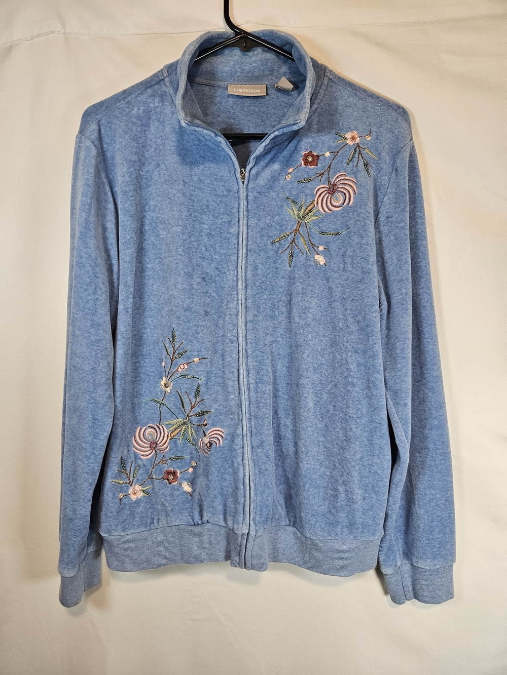 Nordstrom Vintage Sky Blue Embroidered Zip-Up Velvet Sweater